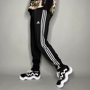Vintage Y2K Adidas Sweatpants Youth XL Jet Black Polyester Joggers White Stripes
